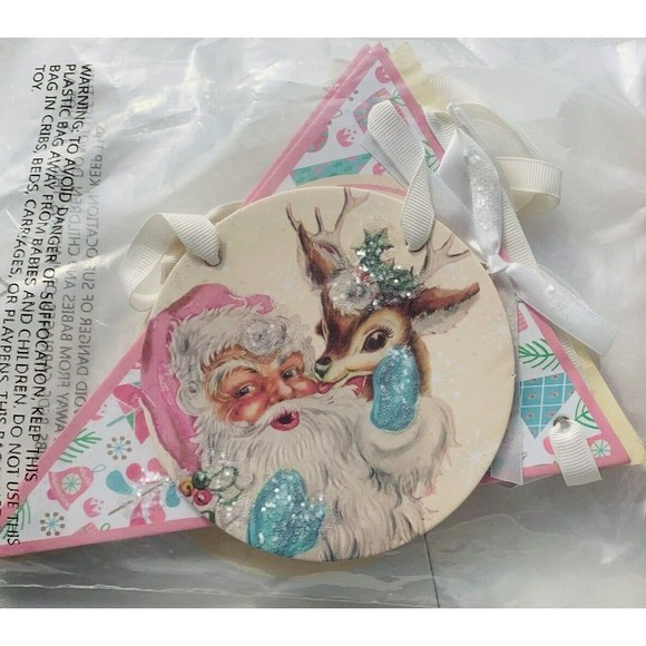 Mr. Christmas Banner MERRY Pink Turquoise Santa Reindeer 1950s Retro Ribbon 53" - Picture 9 of 11